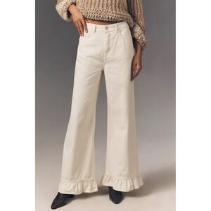 NWT Pilcro Anthropologie Scandi Mid-Rise Wide Leg Jeans Cream Ruffle Hem 31